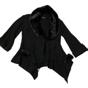 Milano Black Knit Cardigan Removable Faux Fur Collar Tie Front Sweater Jacket M